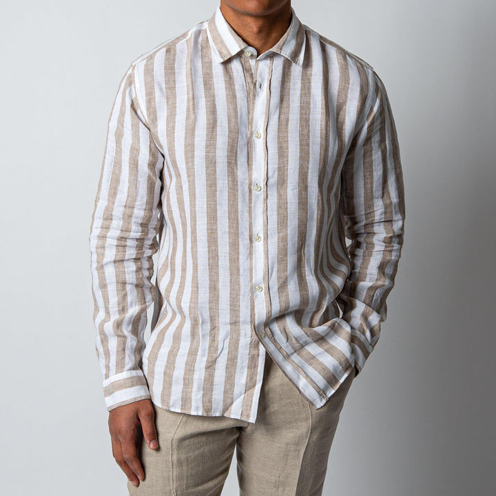 BLOCK STRIPE LINEN SHIRT KHAKI