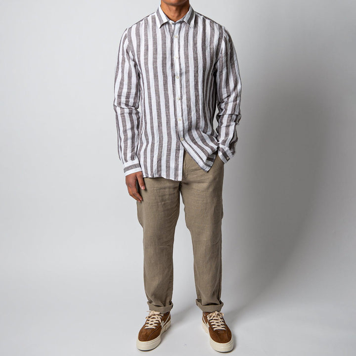 BLOCK STRIPE LINEN SHIRT DARK BROWN