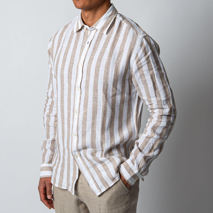 BLOCK STRIPE LINEN SHIRT KHAKI