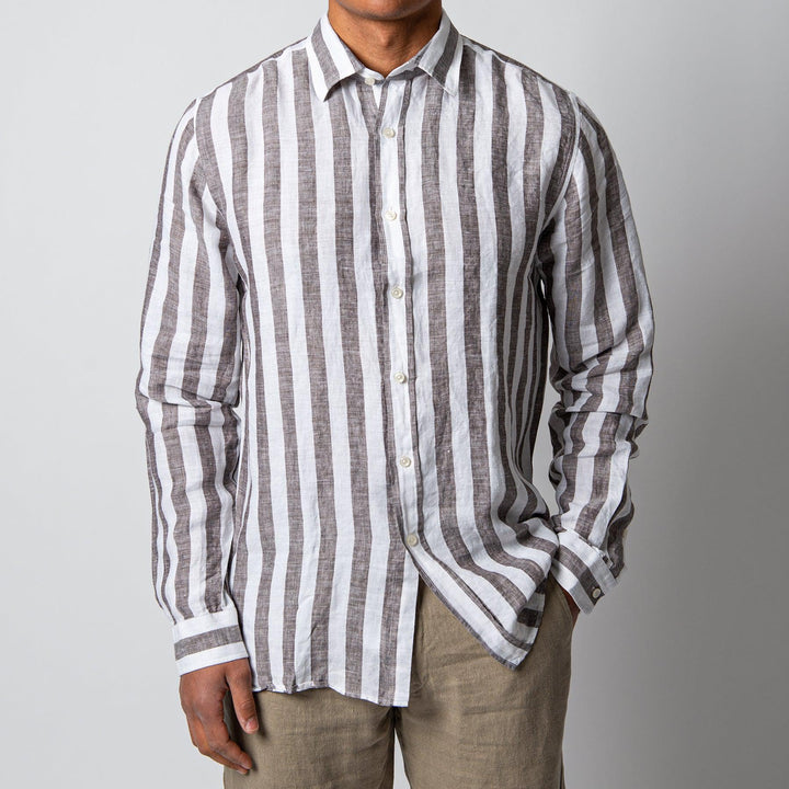 BLOCK STRIPE LINEN SHIRT DARK BROWN