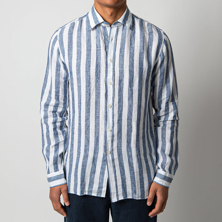 BLOCK STRIPE LINEN SHIRT BLUE