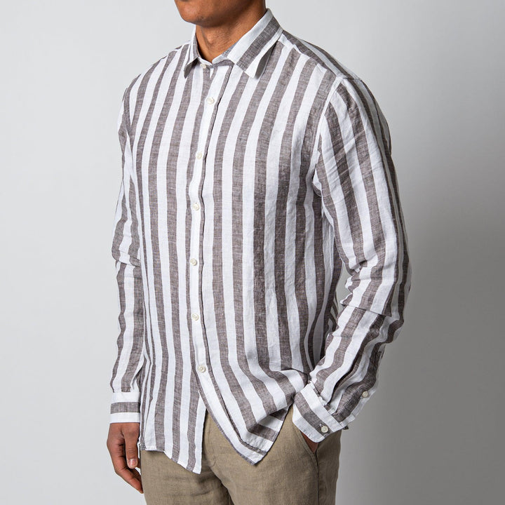 BLOCK STRIPE LINEN SHIRT DARK BROWN