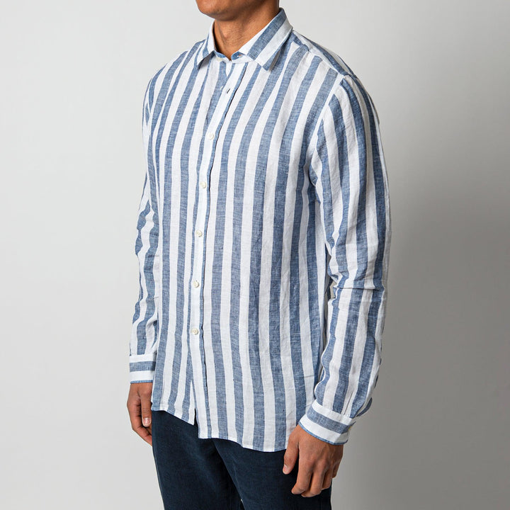 BLOCK STRIPE LINEN SHIRT BLUE