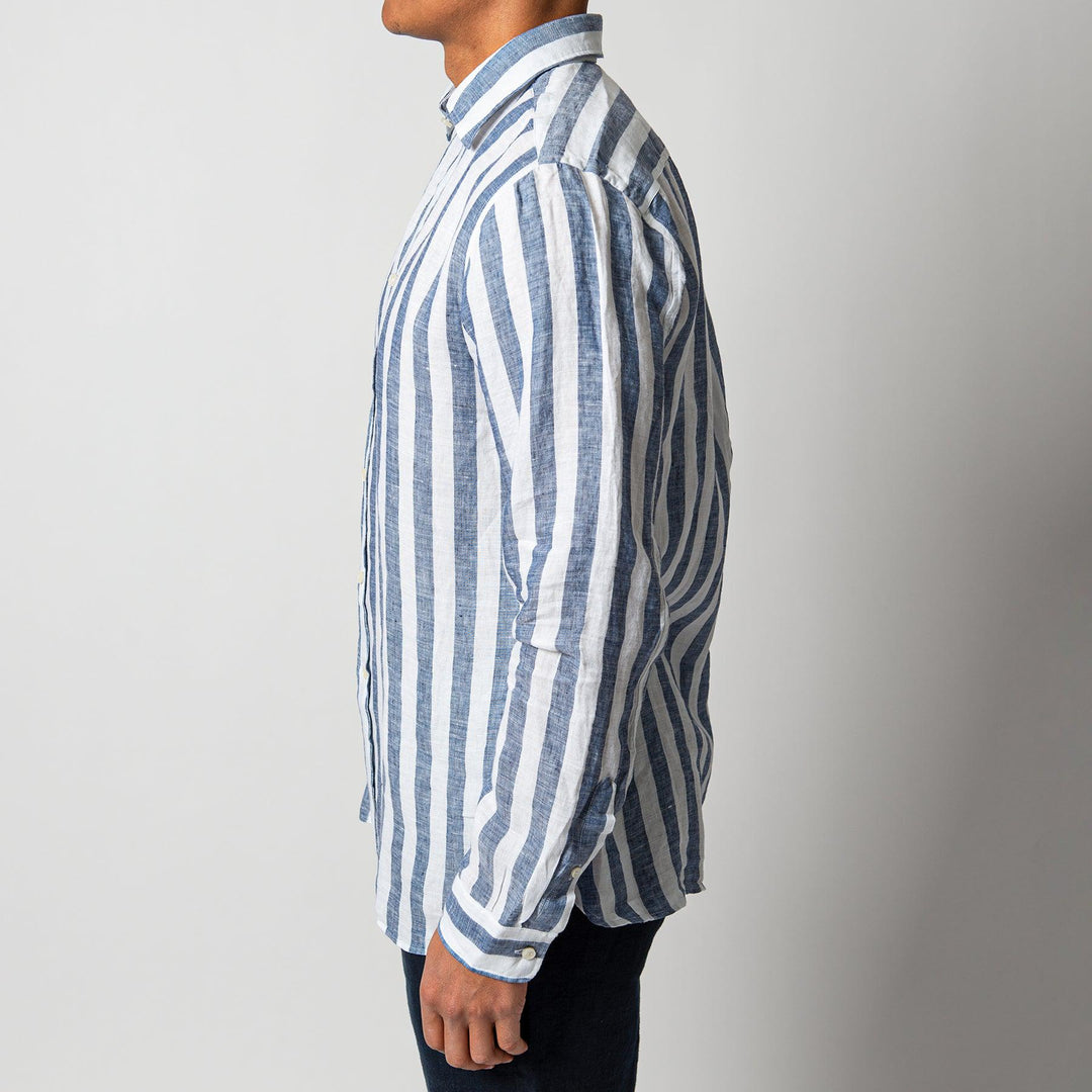 BLOCK STRIPE LINEN SHIRT BLUE