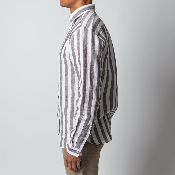 BLOCK STRIPE LINEN SHIRT DARK BROWN