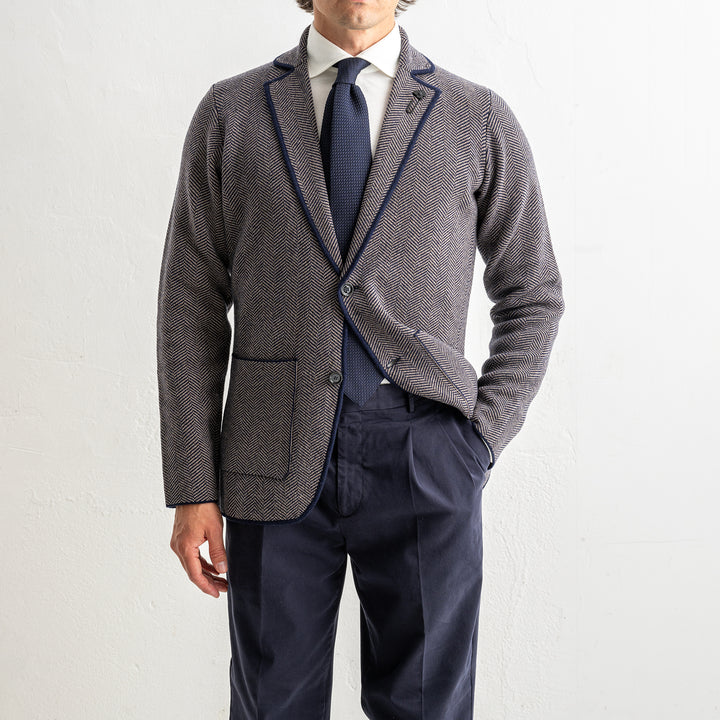 Herringbone Wool Knitwear Blazer Brown