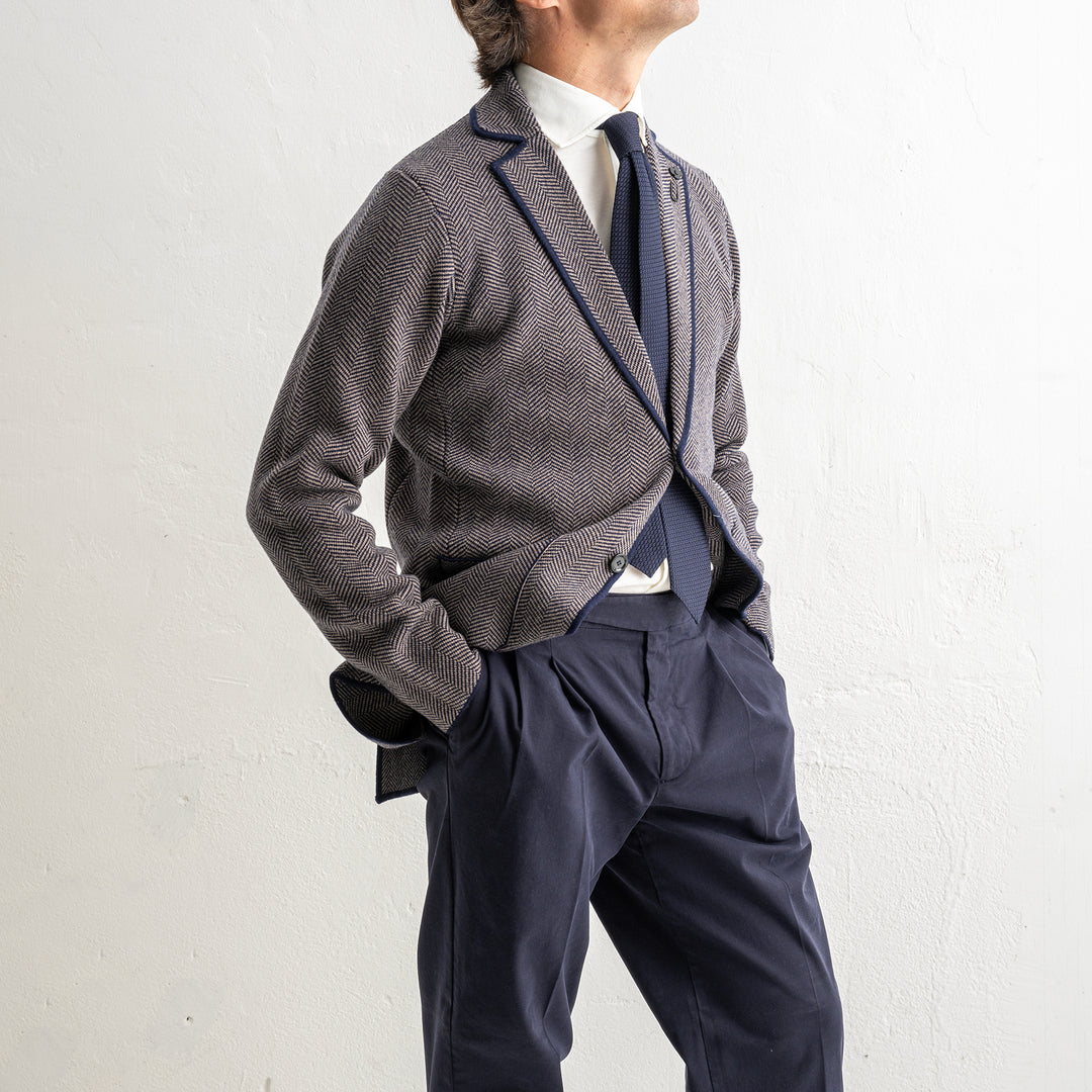 Herringbone Wool Knitwear Blazer Brown
