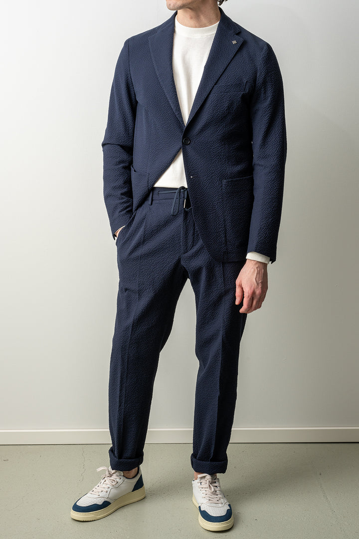 Luxury Seersucker Drawstring Suit Navy