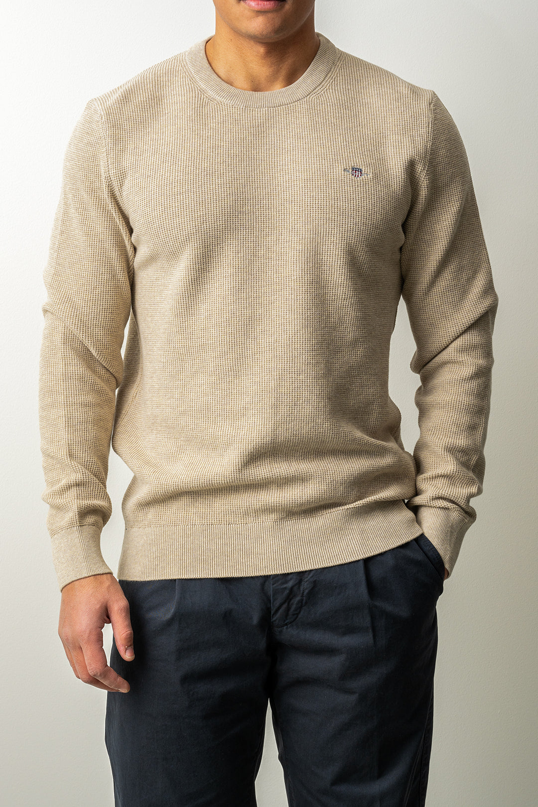 Micro Textured Cotton C-Neck Oat Melange