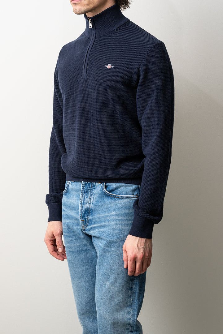 Micro Textured Cotton Half Zip Evening Blue