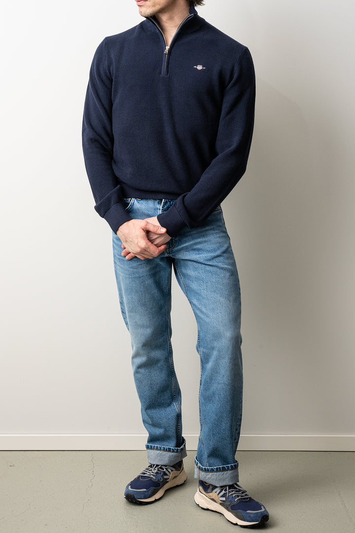 Micro Textured Cotton Half Zip Evening Blue