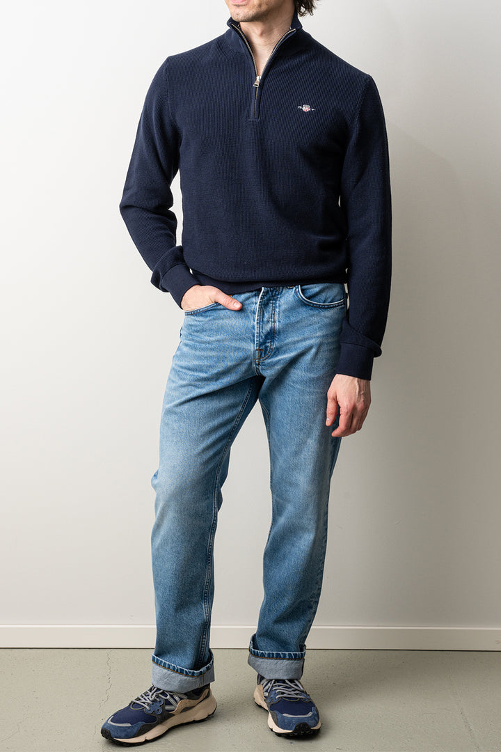 Micro Textured Cotton Half Zip Evening Blue