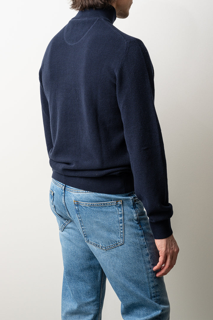Micro Textured Cotton Half Zip Evening Blue