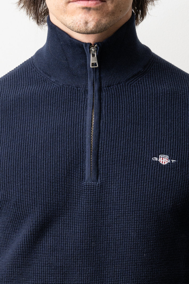 Micro Textured Cotton Half Zip Evening Blue