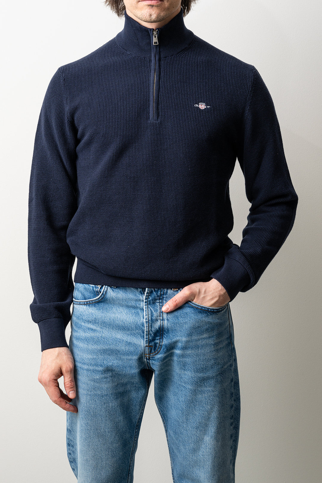Micro Textured Cotton Half Zip Evening Blue