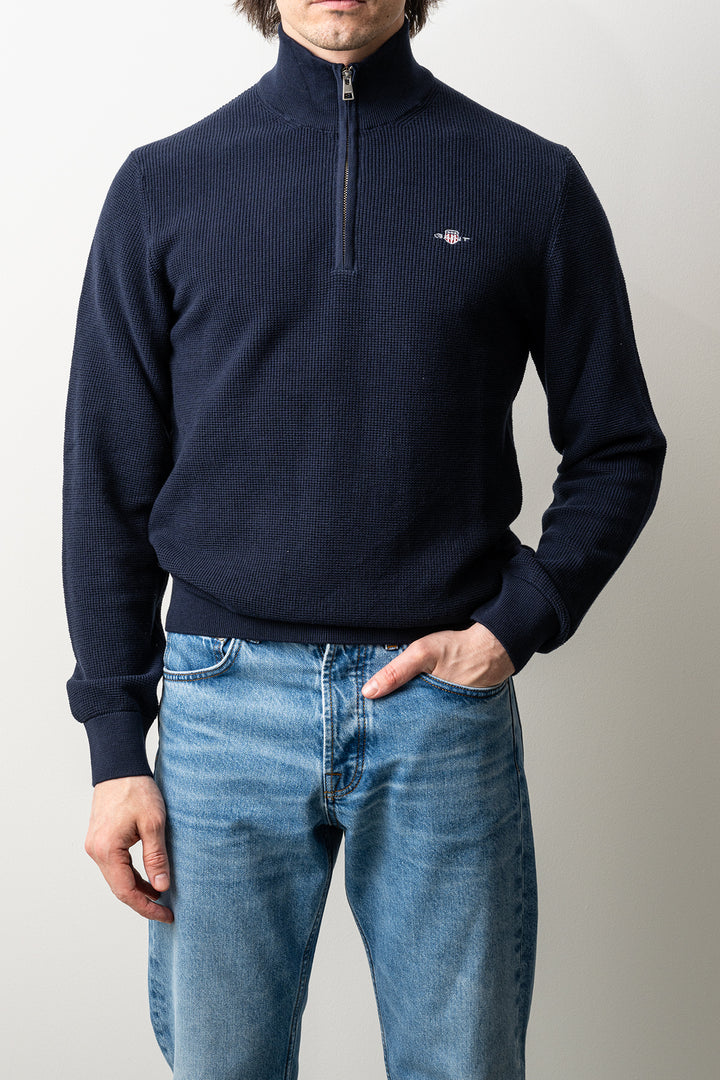 Micro Textured Cotton Half Zip Evening Blue