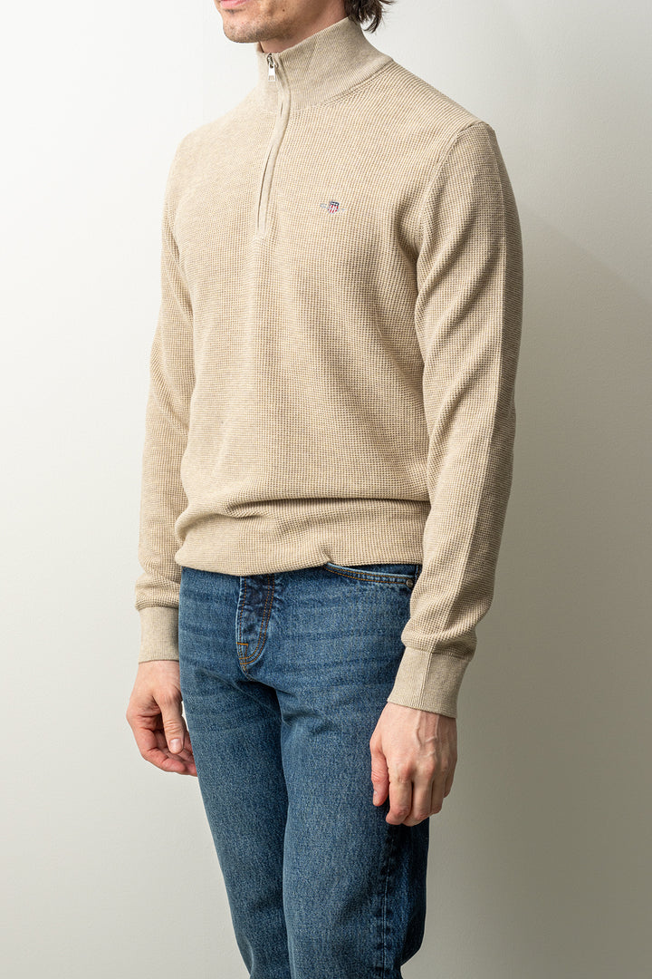 Micro Textured Cotton Half Zip Oat Melange