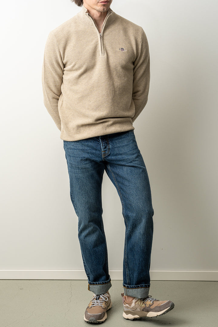 Micro Textured Cotton Half Zip Oat Melange