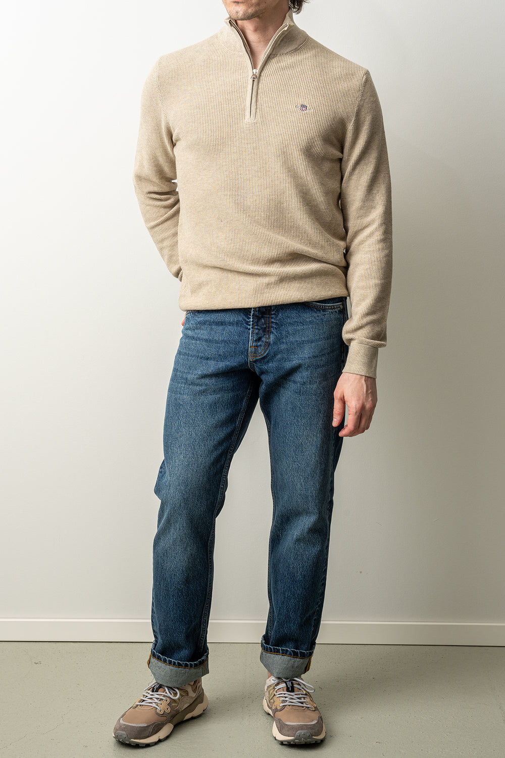 Micro Textured Cotton Half Zip Oat Melange
