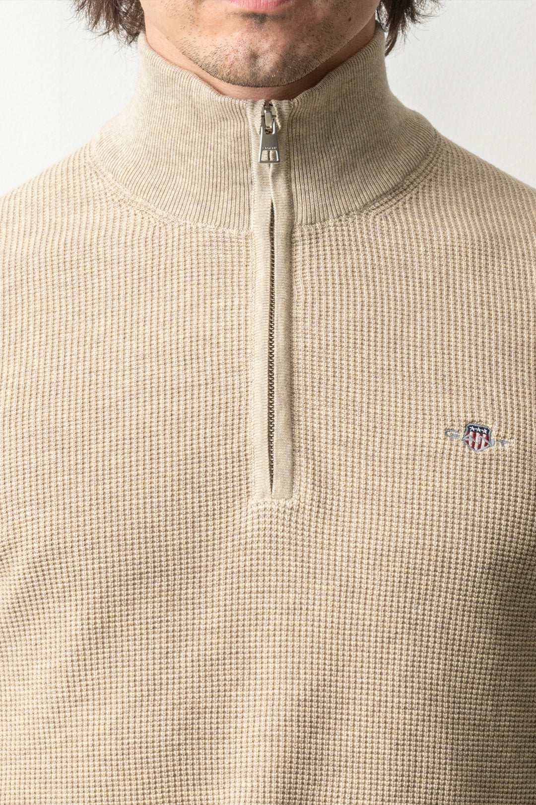 Micro Textured Cotton Half Zip Oat Melange