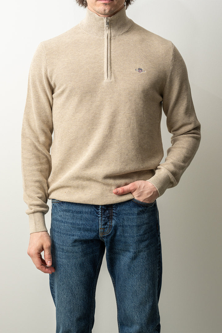 Micro Textured Cotton Half Zip Oat Melange