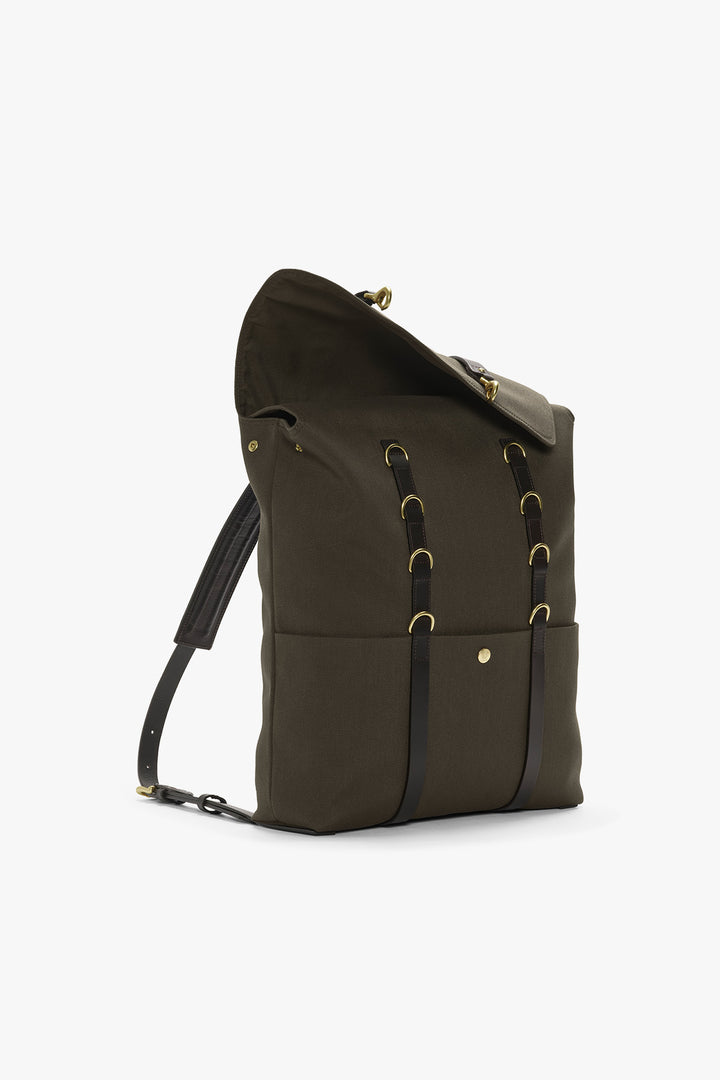 M/S BACKPACK ARMY/DARK BROWN – MISMO, snett framifrån, öppen rulltopp