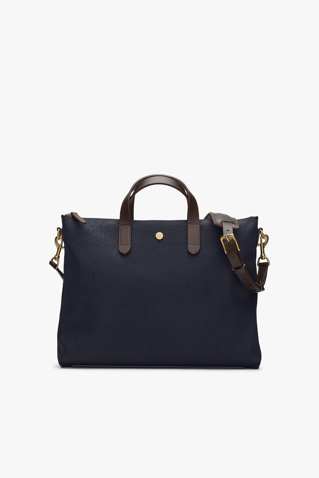 MS BRIEF NAVY/DARK BROWN – MISMO, framifrån med axelrem