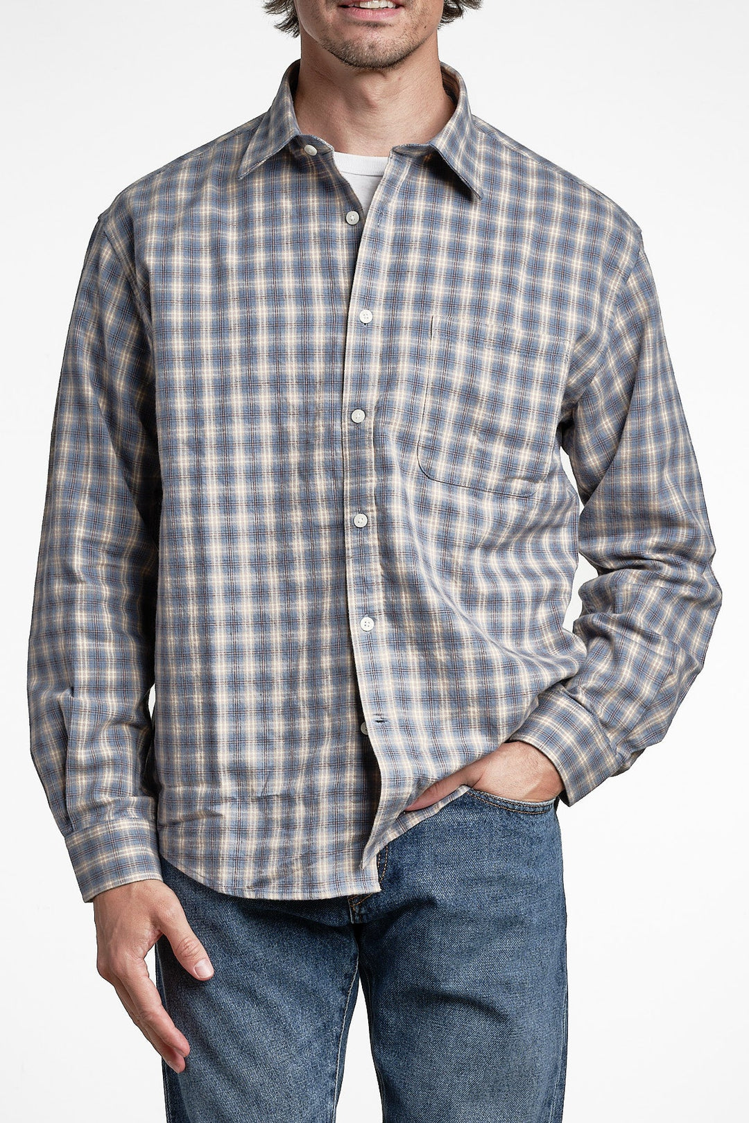 Deon 5465 Flannel Shirt Blue Check – NN07, framifrån
