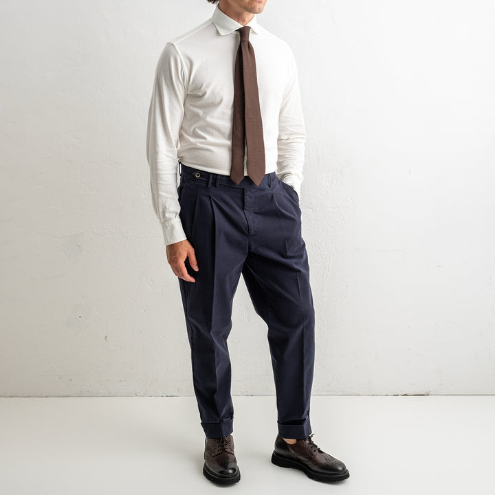Carrot Two Pleat Cotton Trouser Navy
