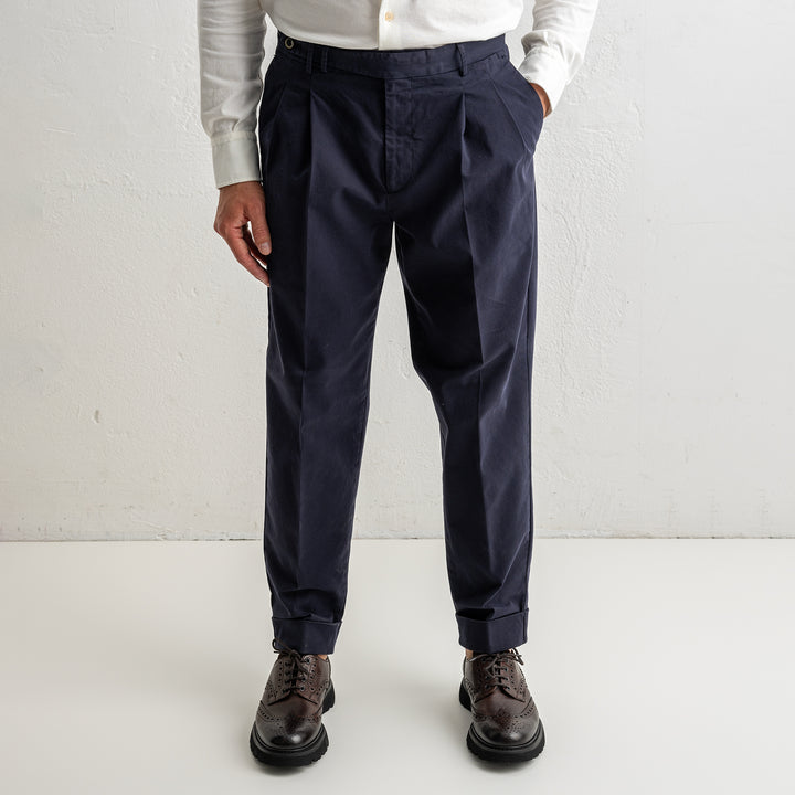 Carrot Two Pleat Cotton Trouser Navy