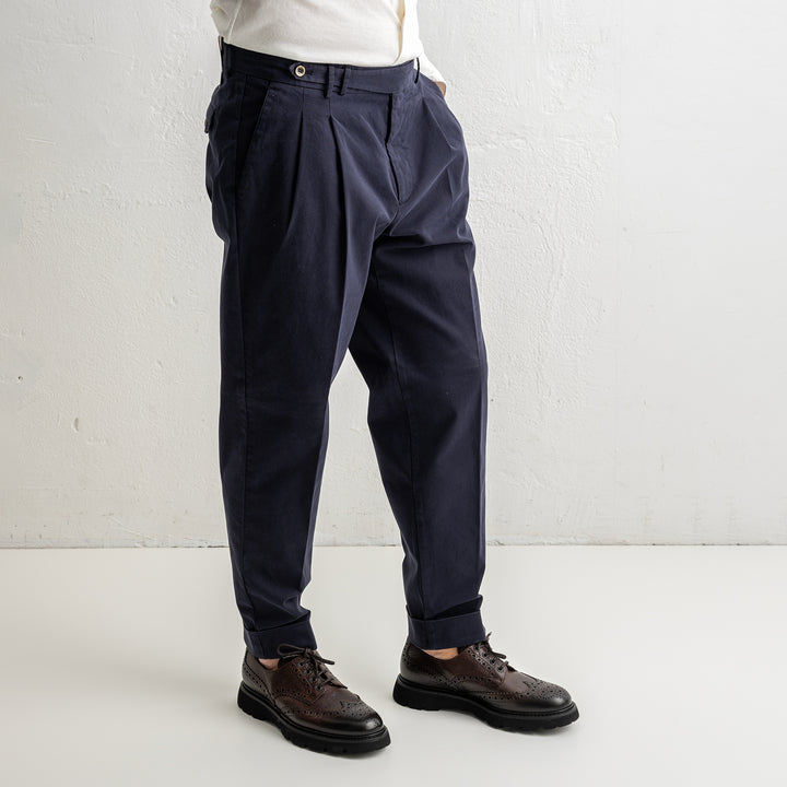 Carrot Two Pleat Cotton Trouser Navy