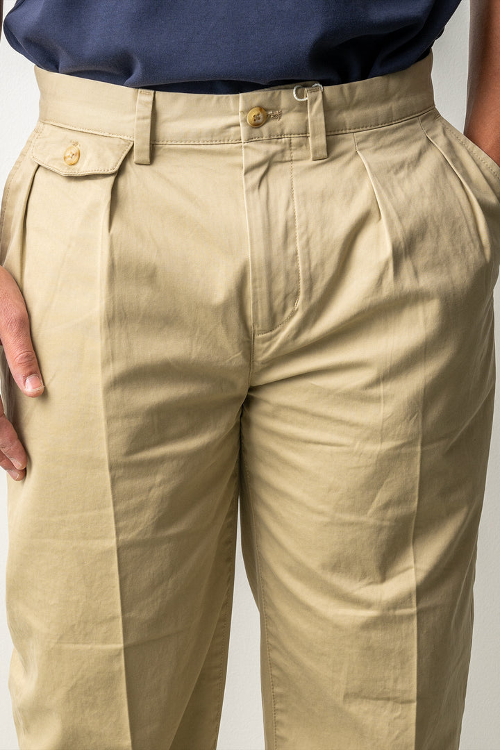 Pleated Cotton Twill Chinos WOODY BEIGE