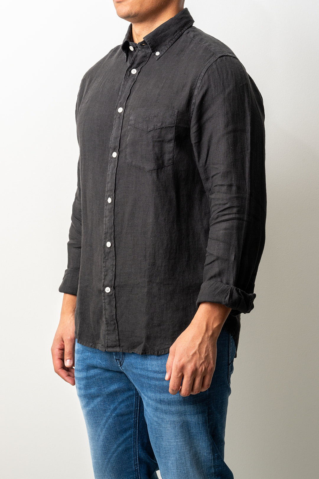 Regular Garment Dyed Linen Shirt Black