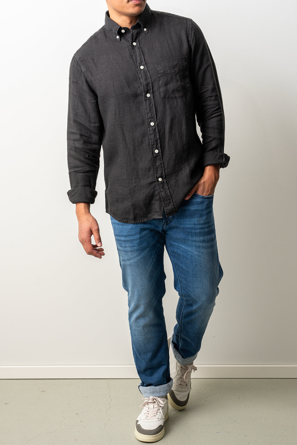 Regular Garment Dyed Linen Shirt Black
