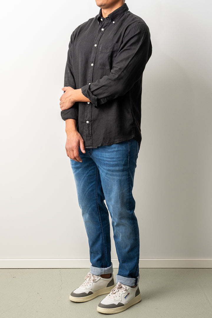 Regular Garment Dyed Linen Shirt Black