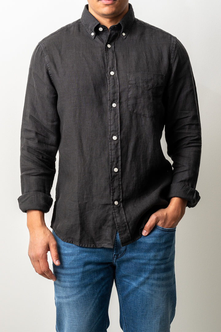 Regular Garment Dyed Linen Shirt Black
