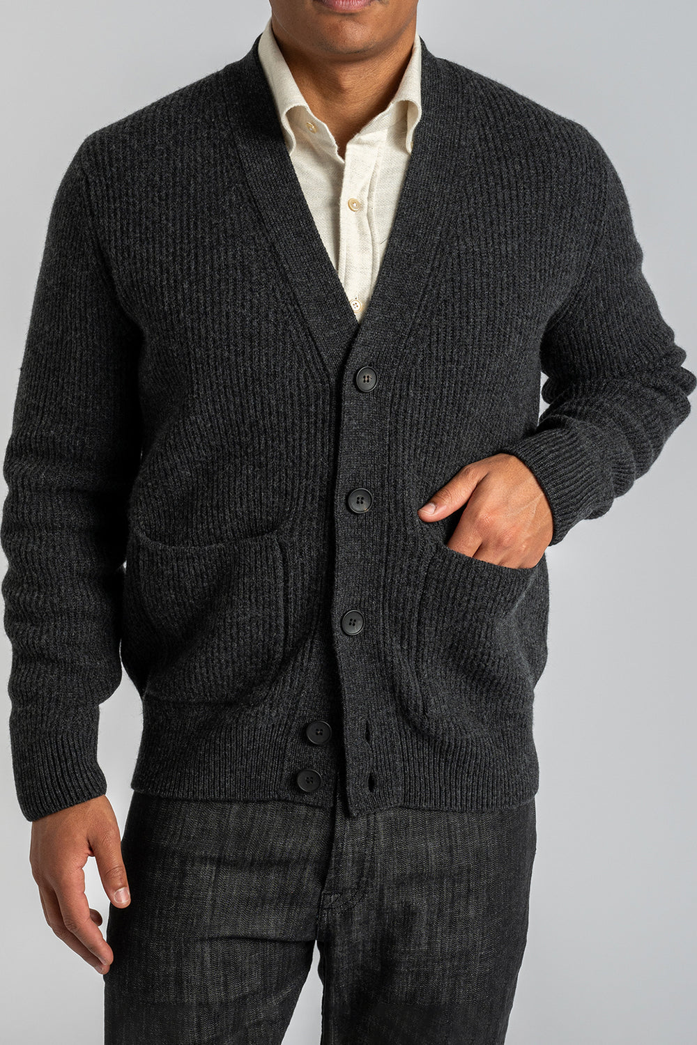 Ribbed Wool Cashmere Cardigan Antracite