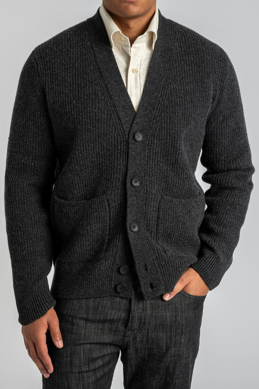 Ribbed Wool Cashmere Cardigan Antracite