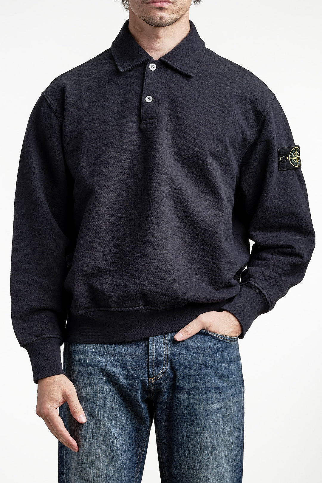 Fleece Long Sleeve Polo Navy Blue – STONE ISLAND, framifrån