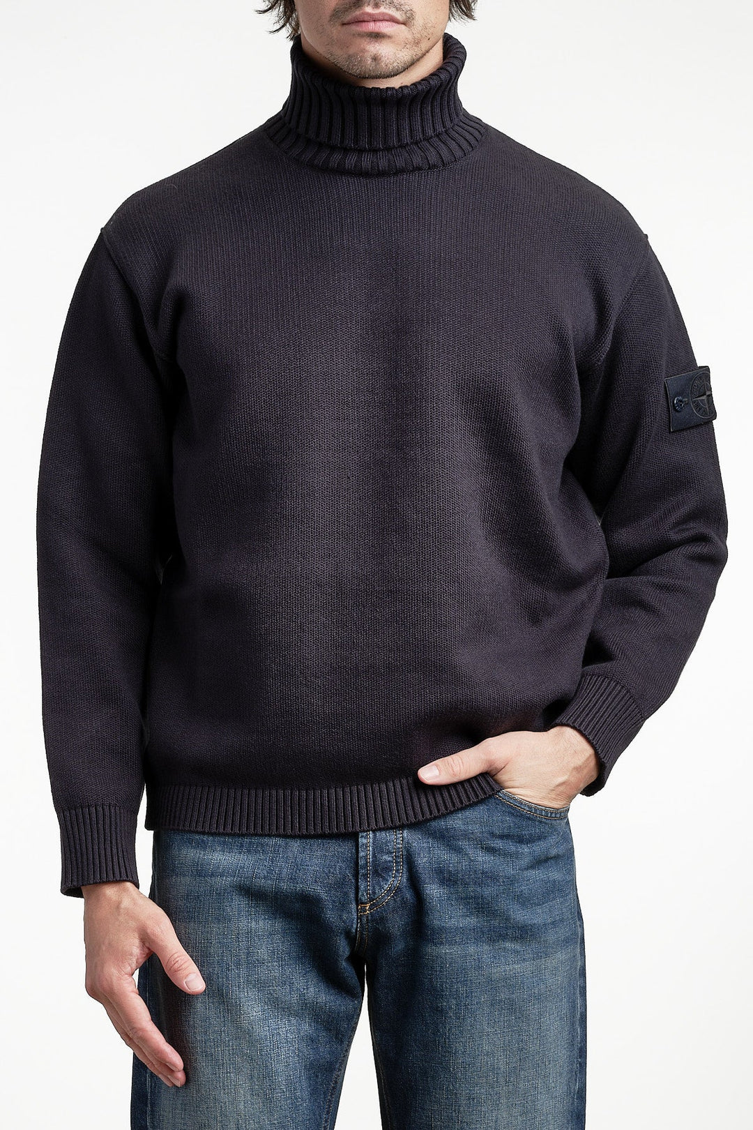 Ghost Piece Plush Stitch Winter Cotton Turtleneck Knit Navy Blue – STONE ISLAND, framifrån