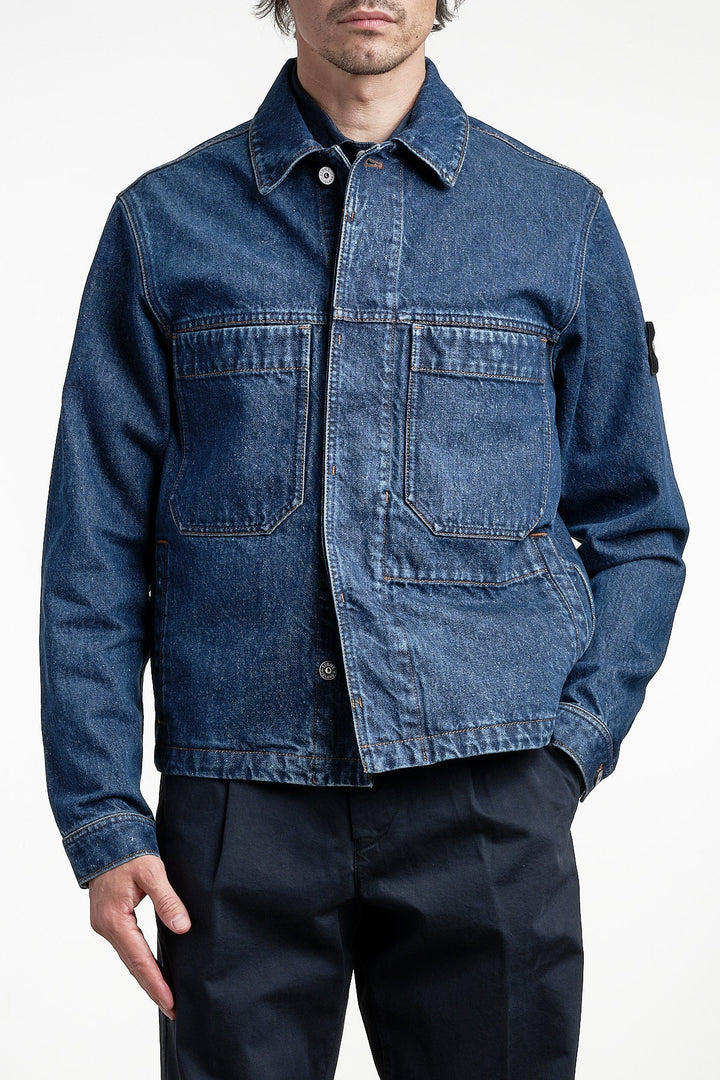 Indigo Denim Medium Grainy Wash Biker Jacket Blue Medium Wash – STONE ISLAND, framifrån