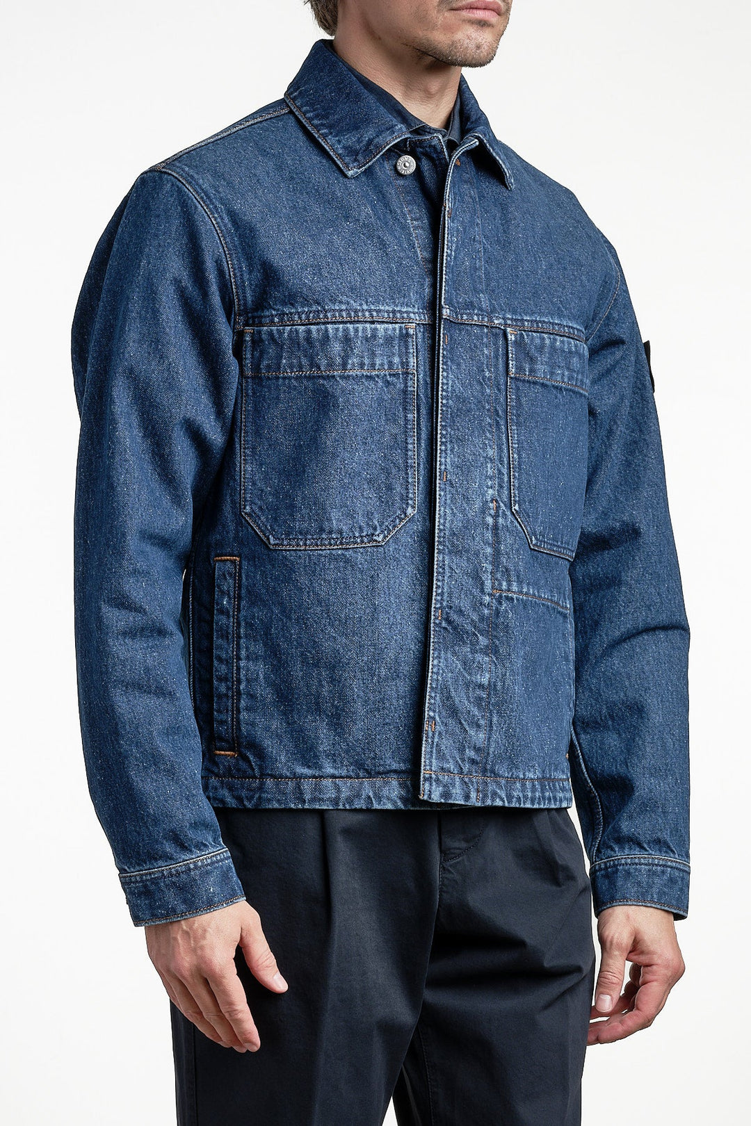 Indigo Denim Medium Grainy Wash Biker Jacket Blue Medium Wash – STONE ISLAND, bakifrån