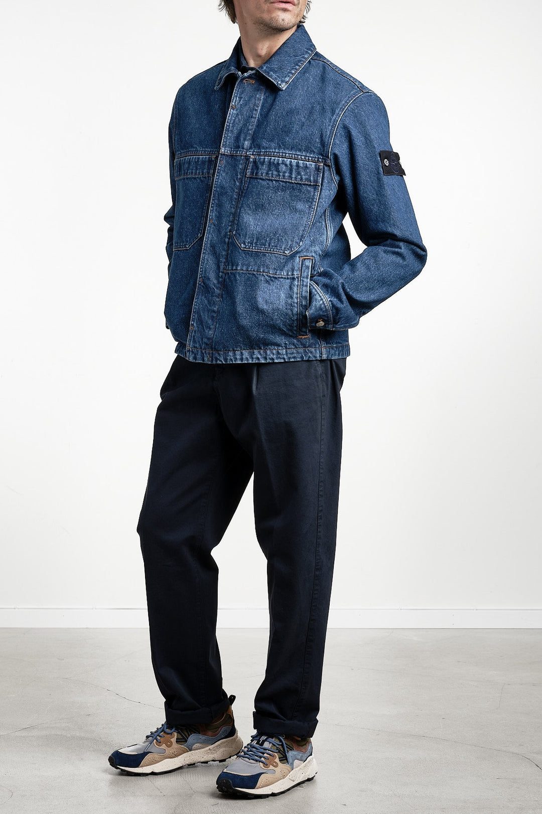 Indigo Denim Medium Grainy Wash Biker Jacket Blue Medium Wash – STONE ISLAND, detalj