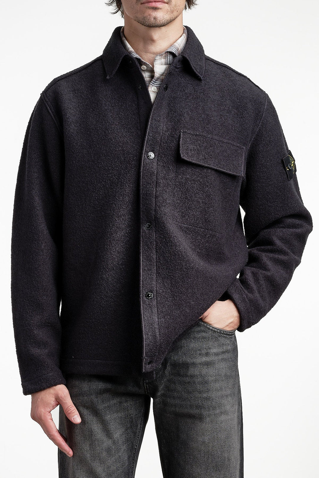 Micro Bouclé Overshirt Navy Blue – STONE ISLAND, framifrån