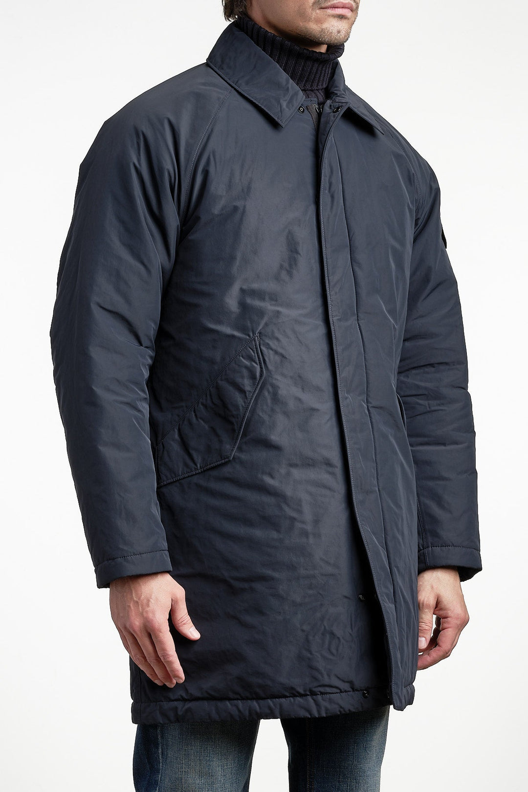 Micro Twill Long Coat Navy Blue – STONE ISLAND, bakifrån