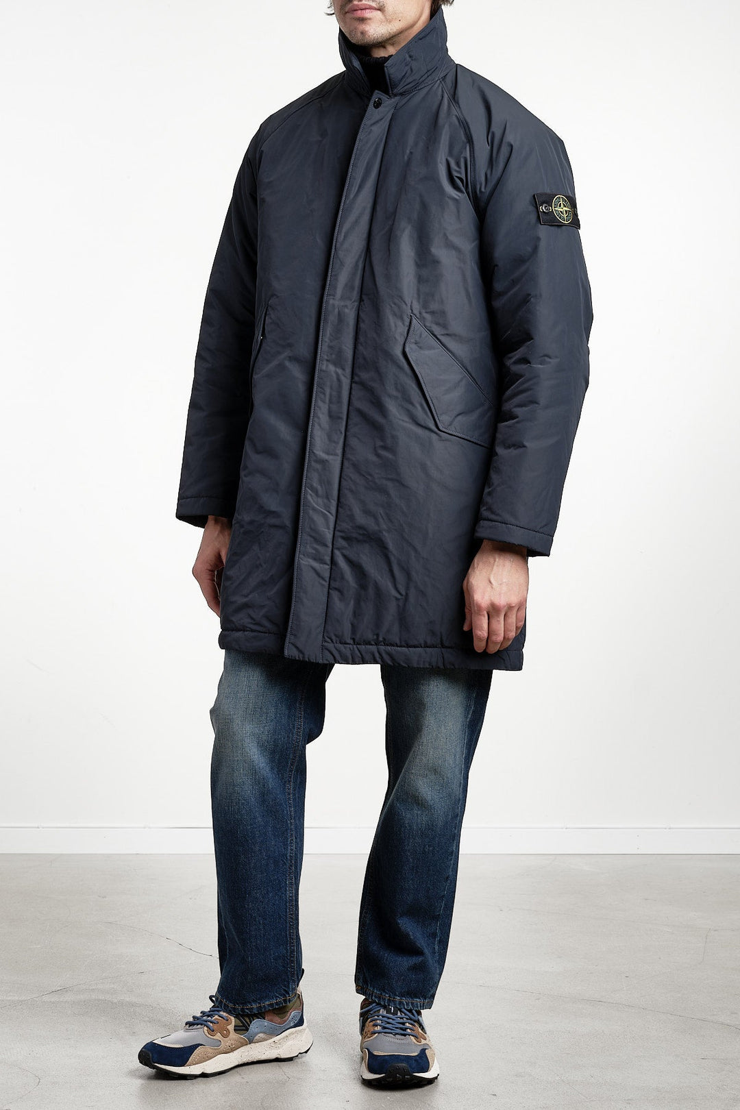 Micro Twill Long Coat Navy Blue – STONE ISLAND, detalj
