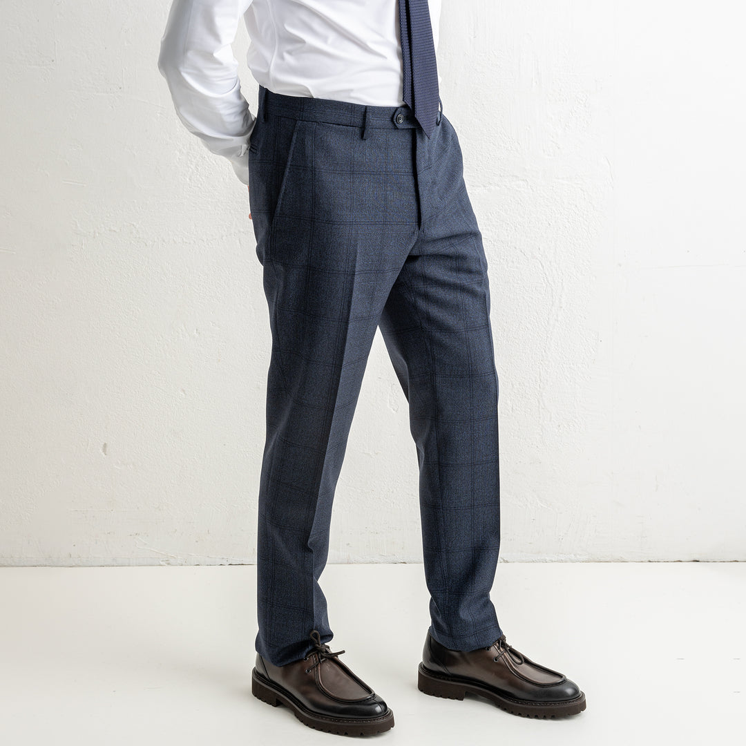 Luxury Wool Checked Suit Blue