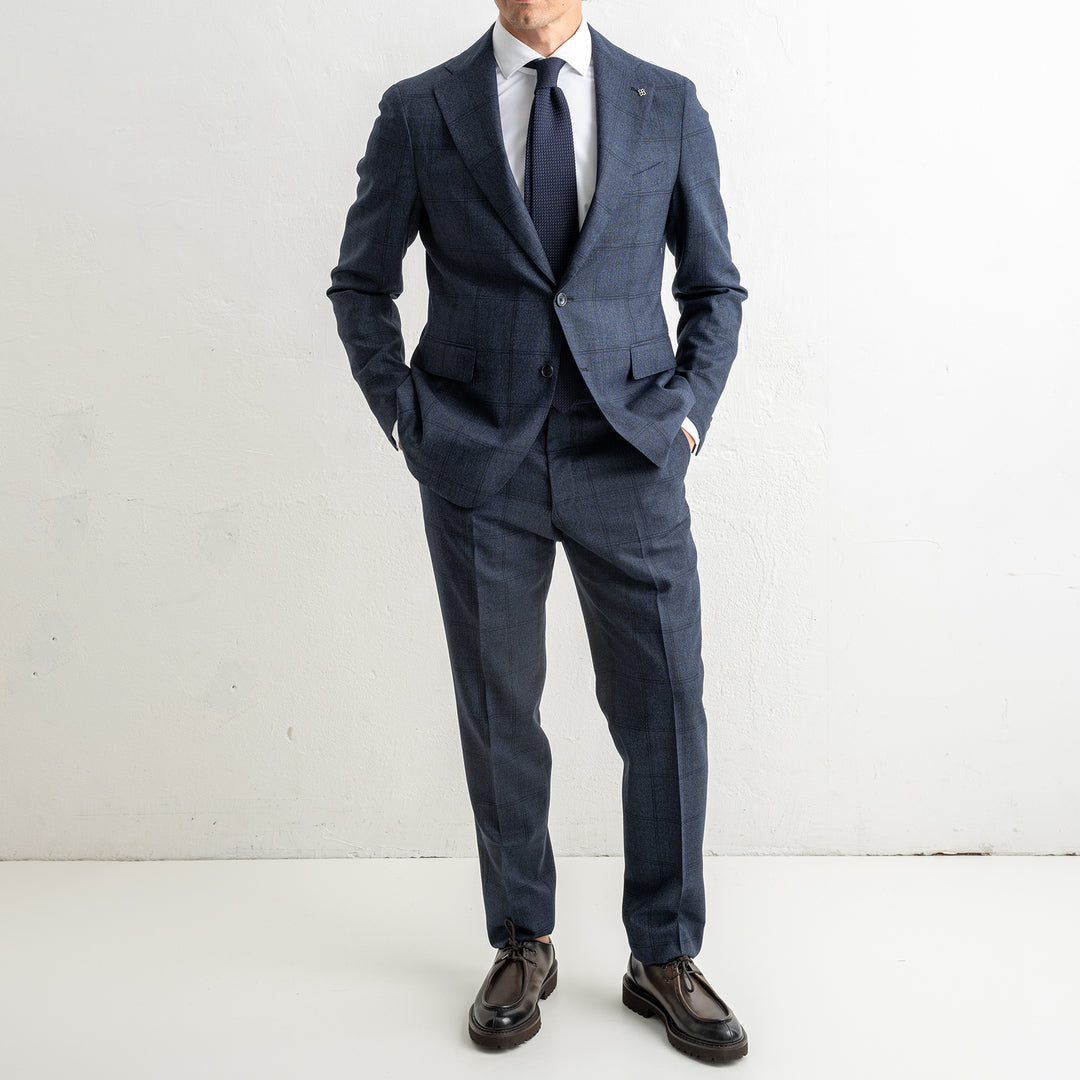 Luxury Wool Checked Suit Blue