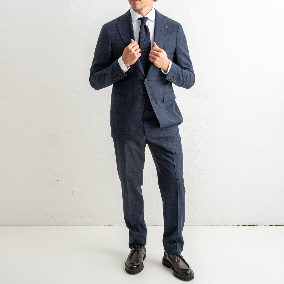 Luxury Wool Checked Suit Blue
