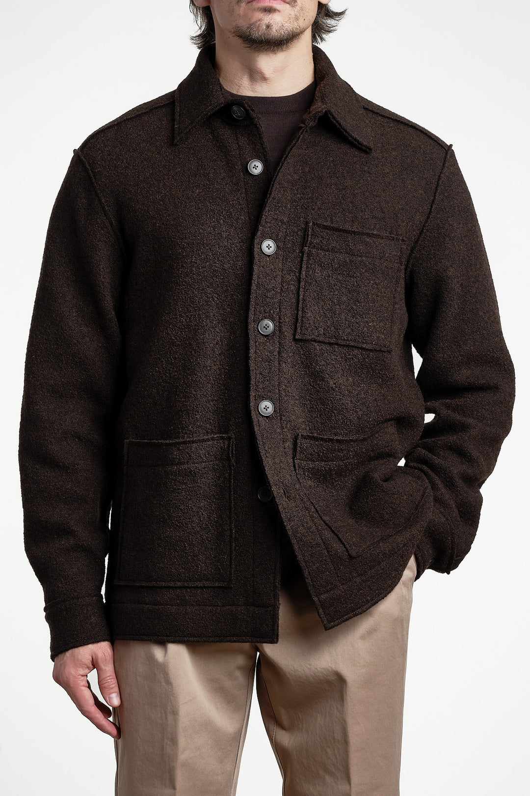 Wool Boiled Overshirt Brown – Xacus, framifrån